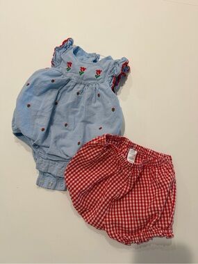 Little Me Light Blue Embroidered Floral Romper with Red Gingham Bloomers Size 6M